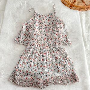 Chloe Girls Light Blue Floral Printed Ruffled Romper Sleeveless